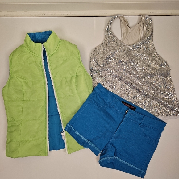 Weissman white sequined top blue shorts green vest hip-hop dance costume size LC - Picture 2 of 10
